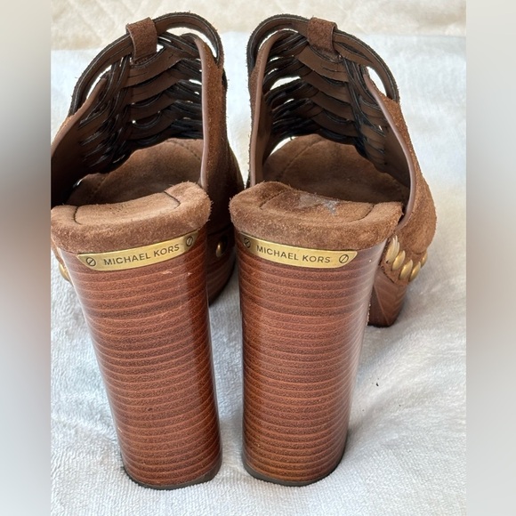 Michael Kors Brown Suede Mules with Gold Accents High Heels Size 6 - Picture 3 of 10